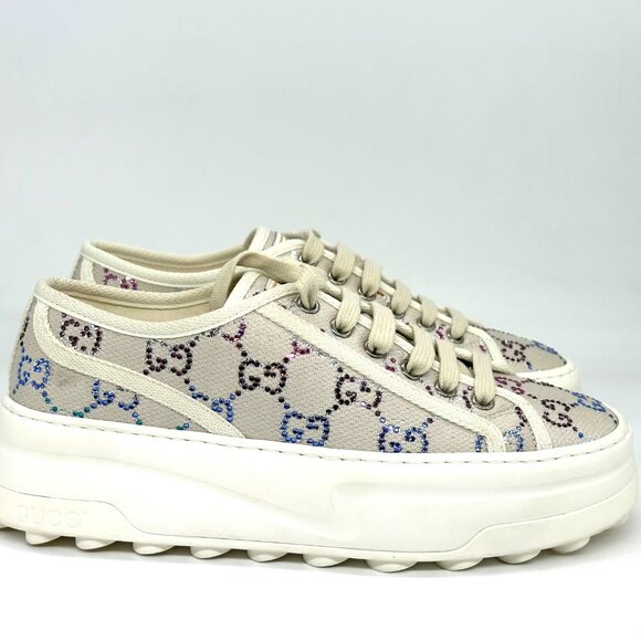 Gucci Treck Crystal GG Logo Canvas Low Top Platform Trainers Sneakers Shoes - Picture 8 of 16